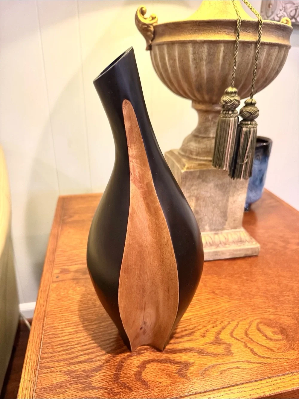 Solid Wood Two Tone Decorative Vase — Modern Wood Accent with swirl.